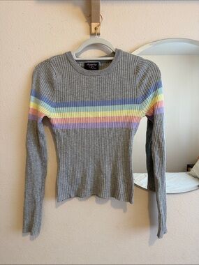 Grey Sweater with Pastel Rainbow stripes